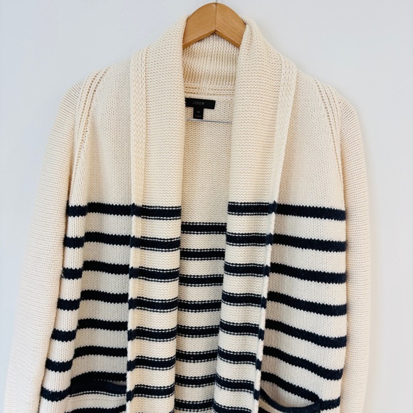 J. Crew Long Open Cardigan Sweater Navy Stripe Cotton Wool Blend Sz XS - Picture 3 of 12
